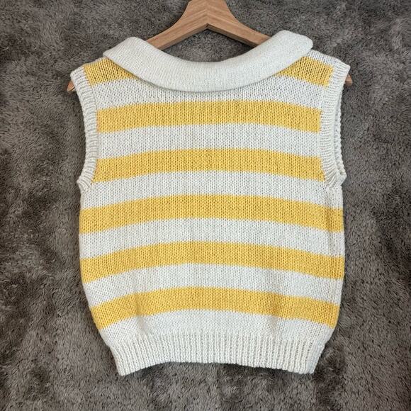 Vintage Sweater Vest Yellow White Stripe Foldover Collar Women's Sleeveless - Picture 2 of 5